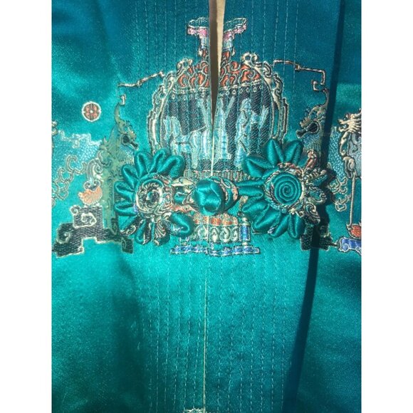 VTG 50's Golden Lotus at Waikiki Satin Embroidered Jacket Pockets Teal Boho Sz L - Picture 9 of 11